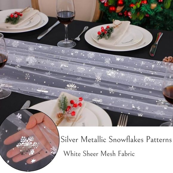 Snowflake Runner Silver 120 Inch Sheer Chiffon Gauze Runner, Winter Decoration - Picture 6 of 14